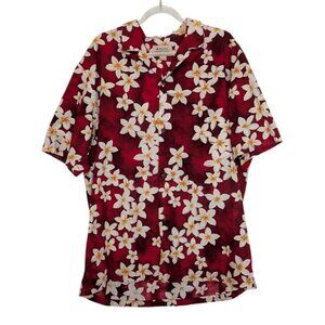 Vintage Hawaiian Floral Shirt Mens Size Large Red Plumeria Aloha Short Sleeve